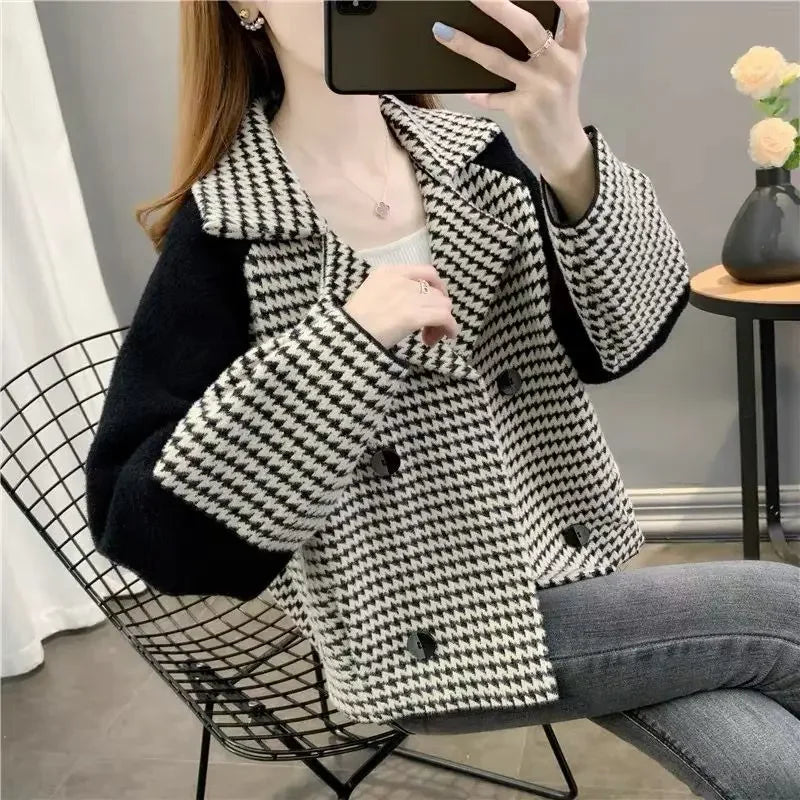 Check Short Wool & Blends Jacket for Women Blazer Coats Woman Elegant Cold Outdoor