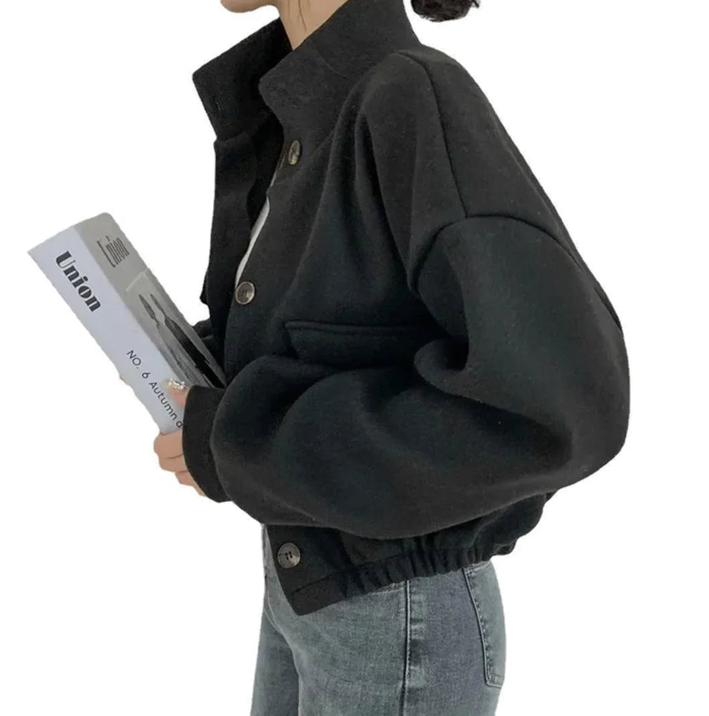 Autumn Winter Short Sleeve Wide Loose Casual Wool Coat Women Solid Fashionable