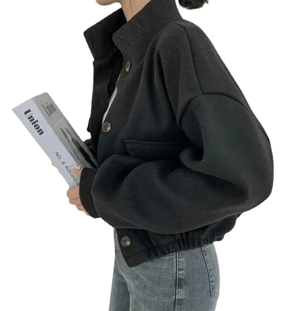 Autumn Winter Short Sleeve Wide Loose Casual Wool Coat Women Solid Fashionable