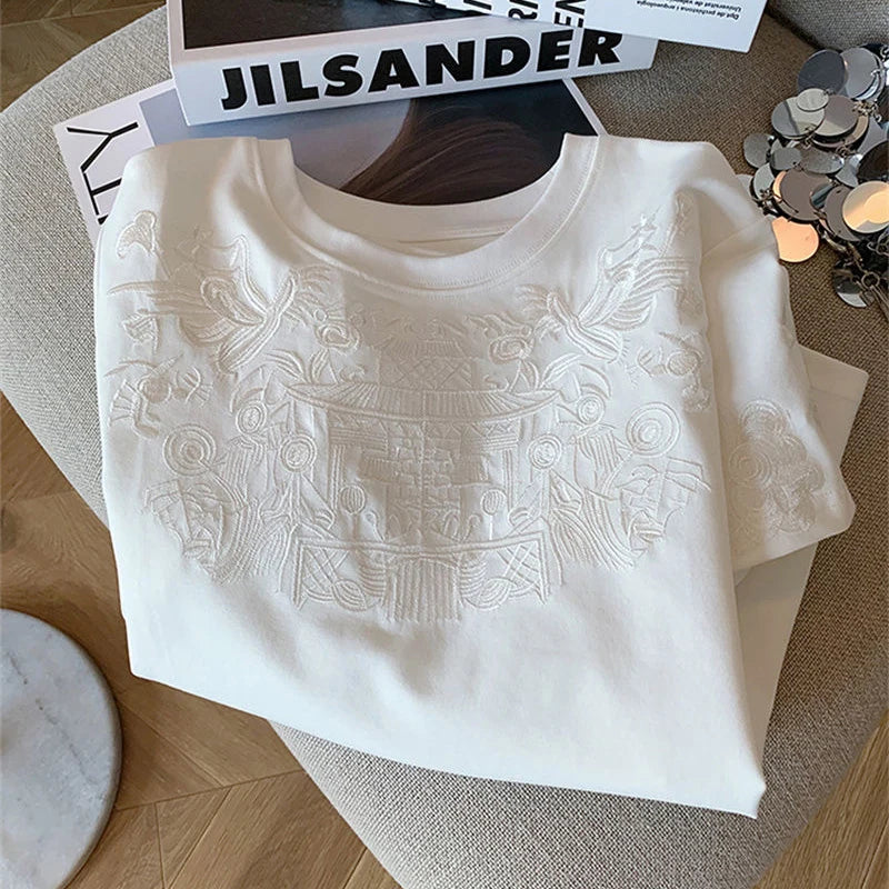 Women Clothing Summer Fashion Vintage Embroidery White Cotton Basic T Shirt Female Simple Casual O Neck Short Sleeve Loose Tops