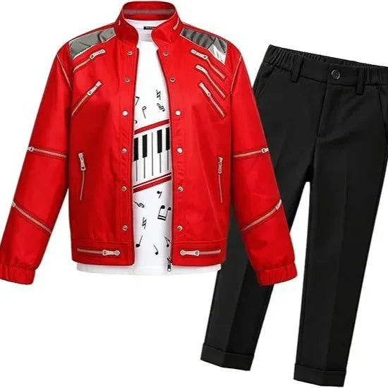 Kids Cosplay Dance Star Costume Set Red Printed 80s 90s Stage Party Outfit