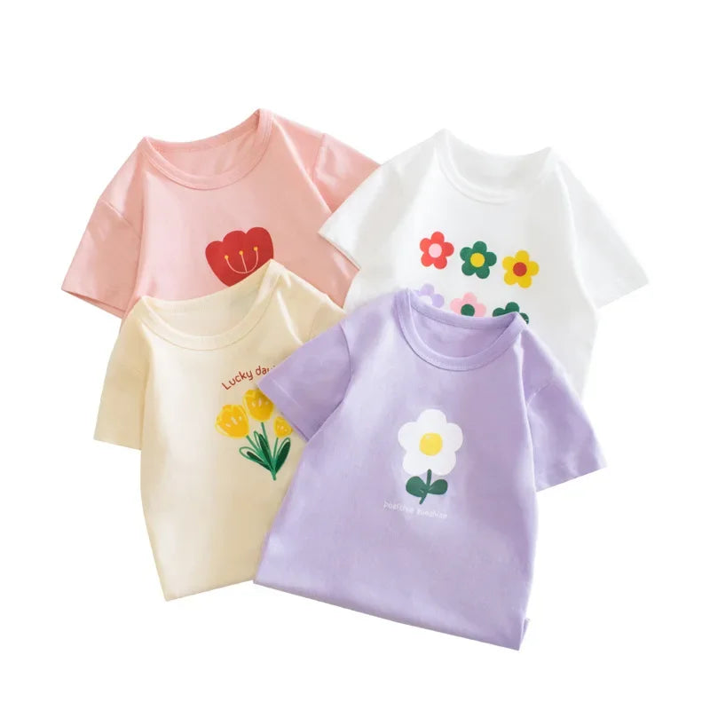 Toddler Kid Girls Cotton T Shirt Short Sleeve Infant Top Cartoon Flower