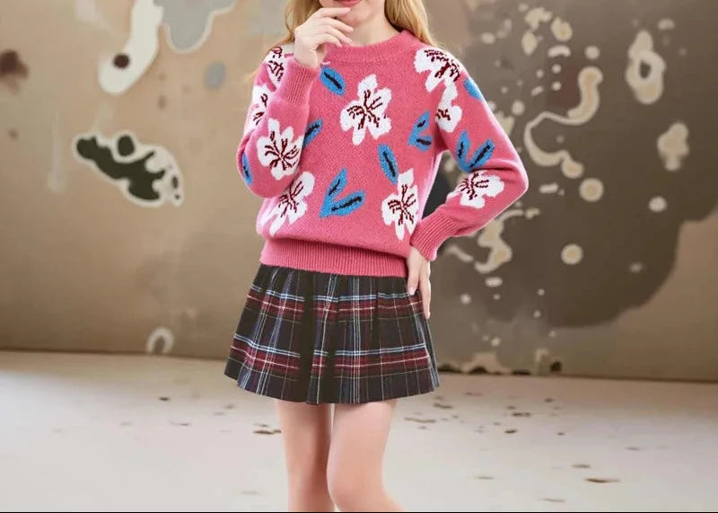 Girls' Vintage Jacquard Pullover Sweater, New Autumn-Winter Versatile