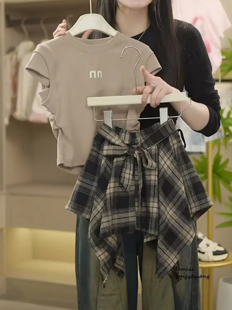 T-shirt+Plaid Irregular Skirt 2Pcs