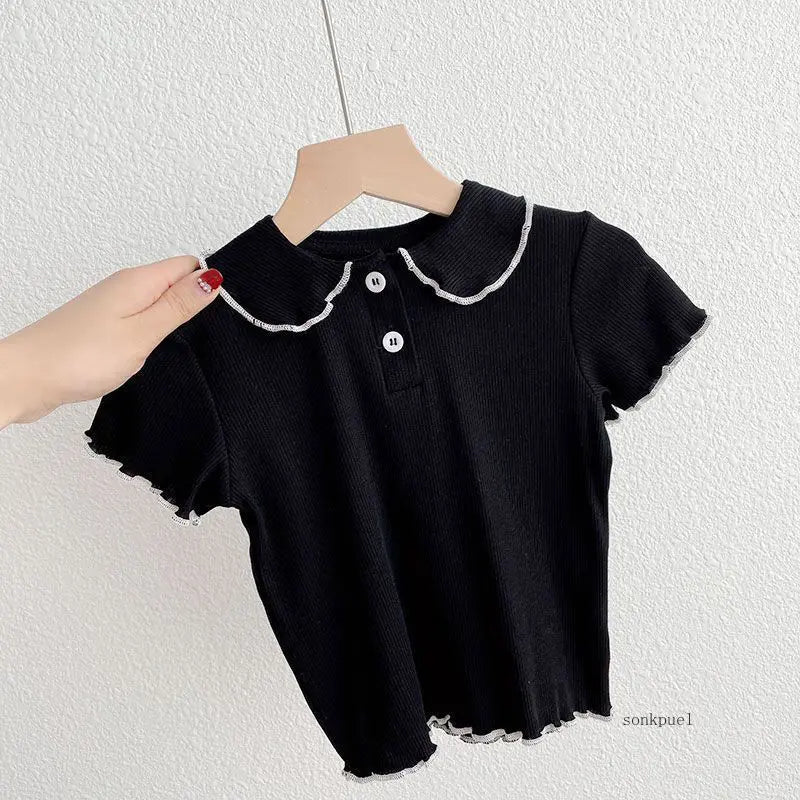 Girls' Summer Short-Sleeve T-Shirt Children Little Doll Collar Top Baby Summer Thin Half-Sleeve Base Shirt