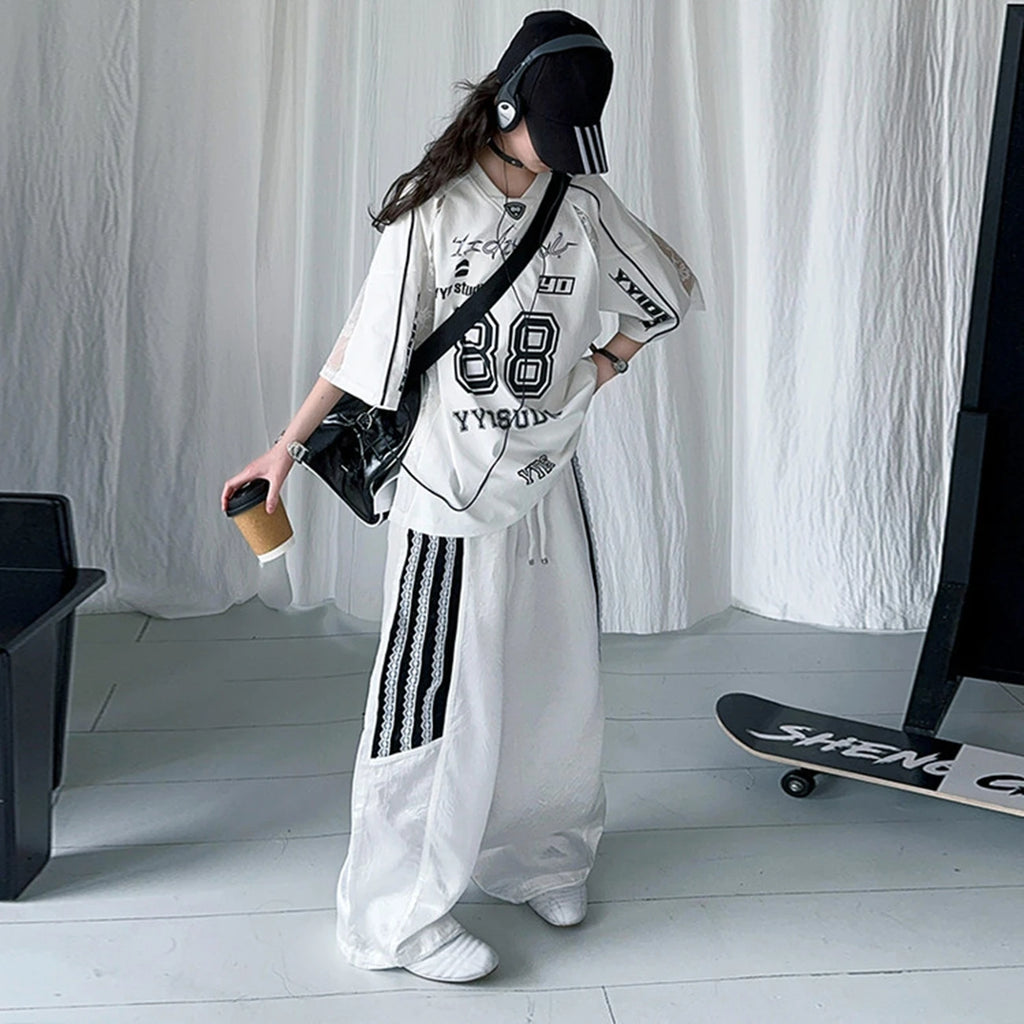 Girls Summer Lace Splicing T-Shirt with Cool Digital Print Short Sleeve Loose Casual Trousers