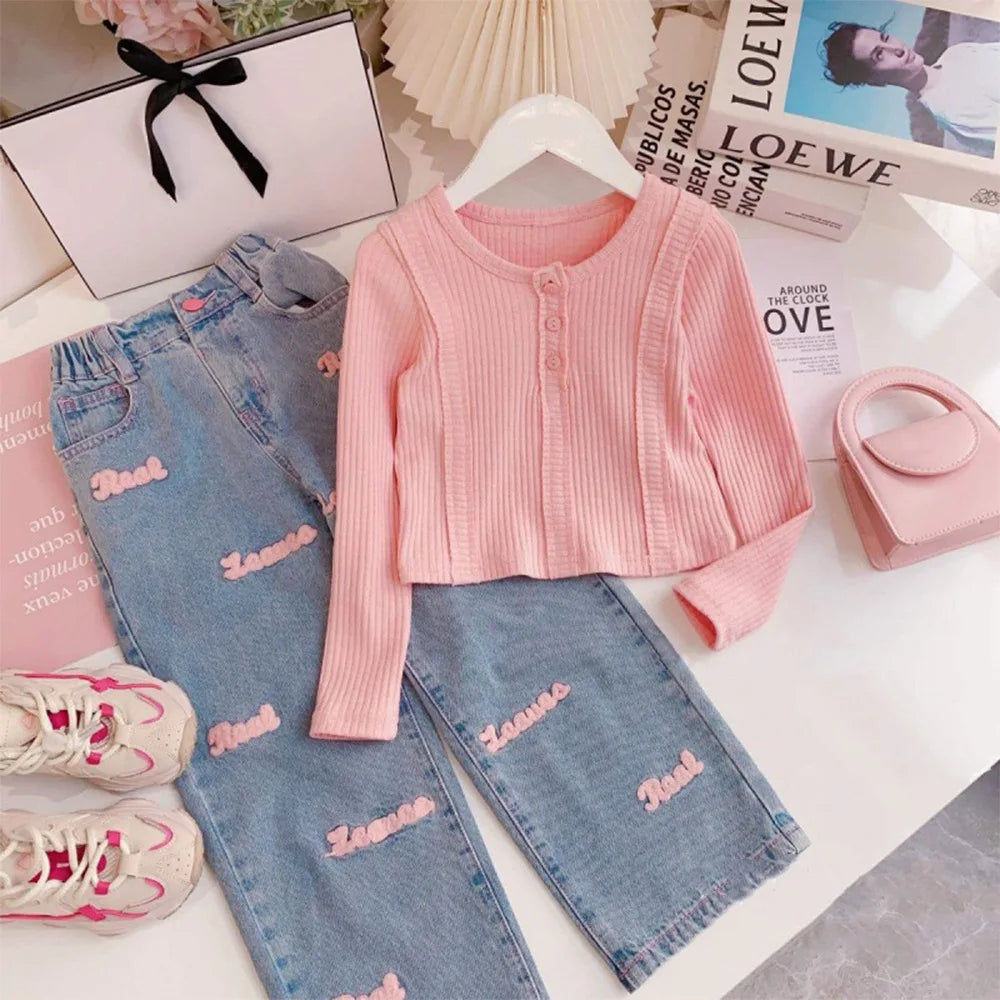 2 pcs  Girls Clothing Set Solid Color Long Sleeve Top+Letter Print Wide Leg Jeans