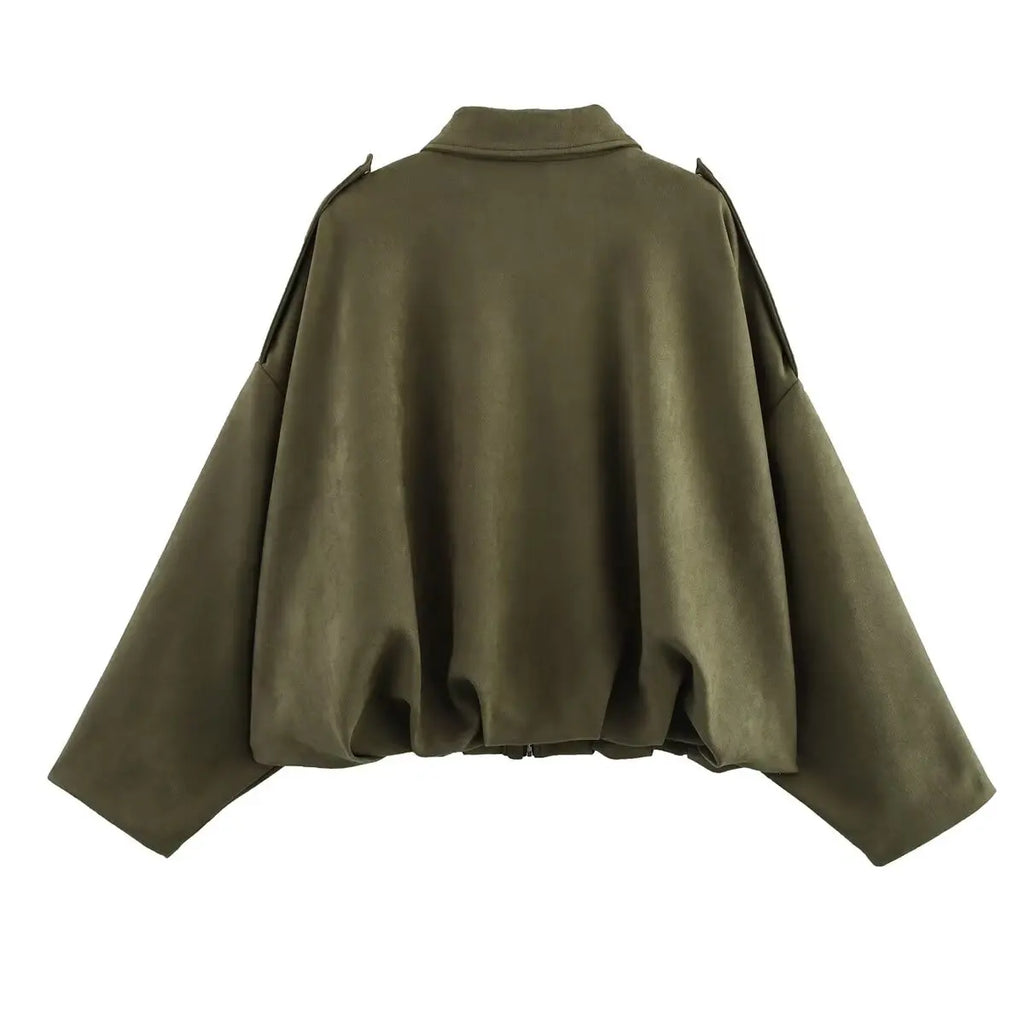 Women Suede Textured Jacket Long Sleeve Lapel Collar Loose Coats Casual Female Outerwear Chic Tops