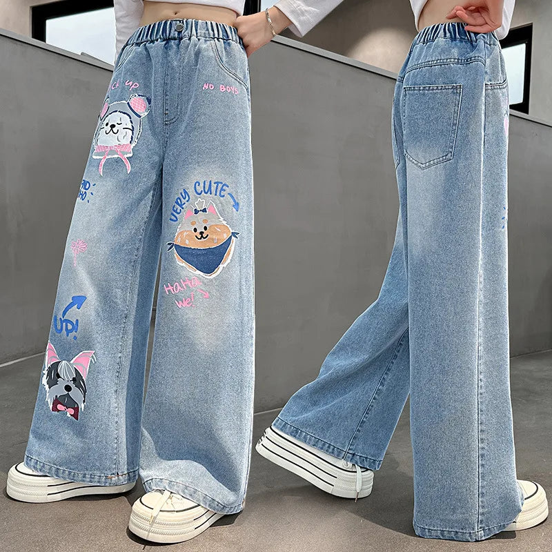 Girls' Cartoon Print Jeans Autumn Teenage Children's Fashion Wide Leg Denim Pants Kids Spring Outwear
