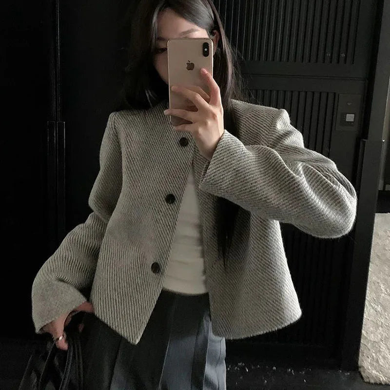 Fashion Short Jacket Women Single-Breasted Long Sleeve Tweed Outerwear