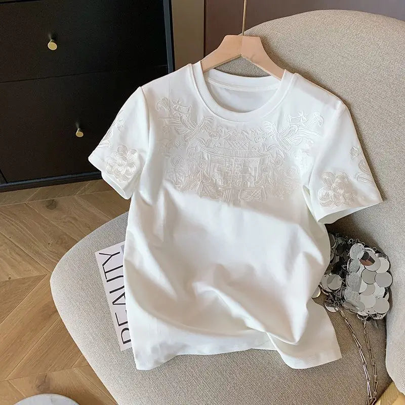 Women Clothing Summer Fashion Vintage Embroidery White Cotton Basic T Shirt Female Simple Casual O Neck Short Sleeve Loose Tops