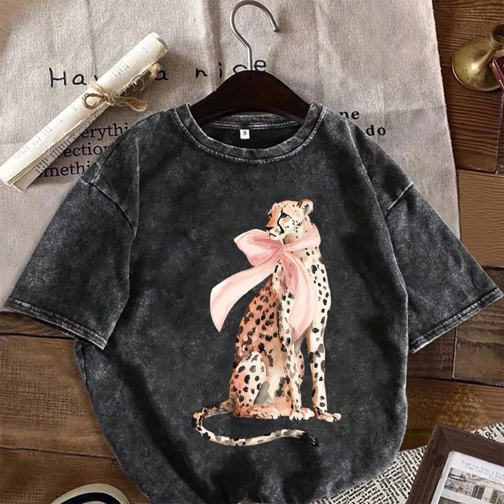 Vintage Washed Black Oversized T-Shirt Stylish Leopard Print Streetwear Casual Cotton