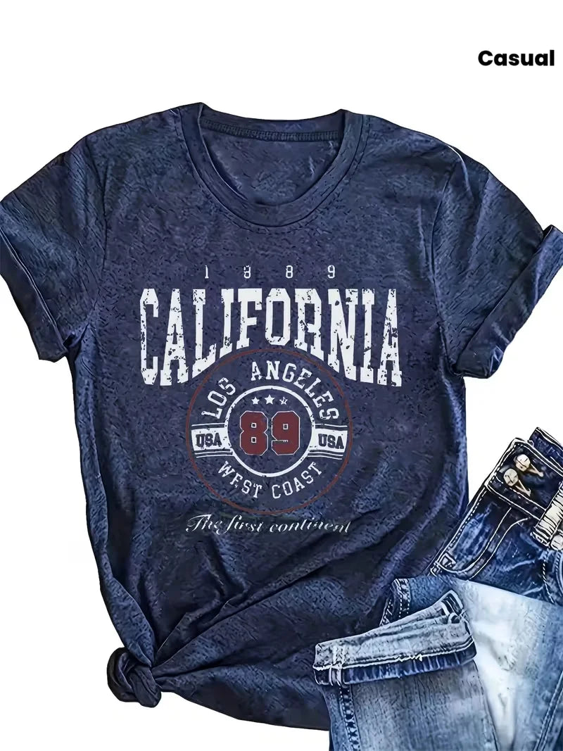 Crew Neck Short Sleeve Retro American Style California Los Angeles 89 Letter Print T Shirt Women's Outfits Casual Streetwear