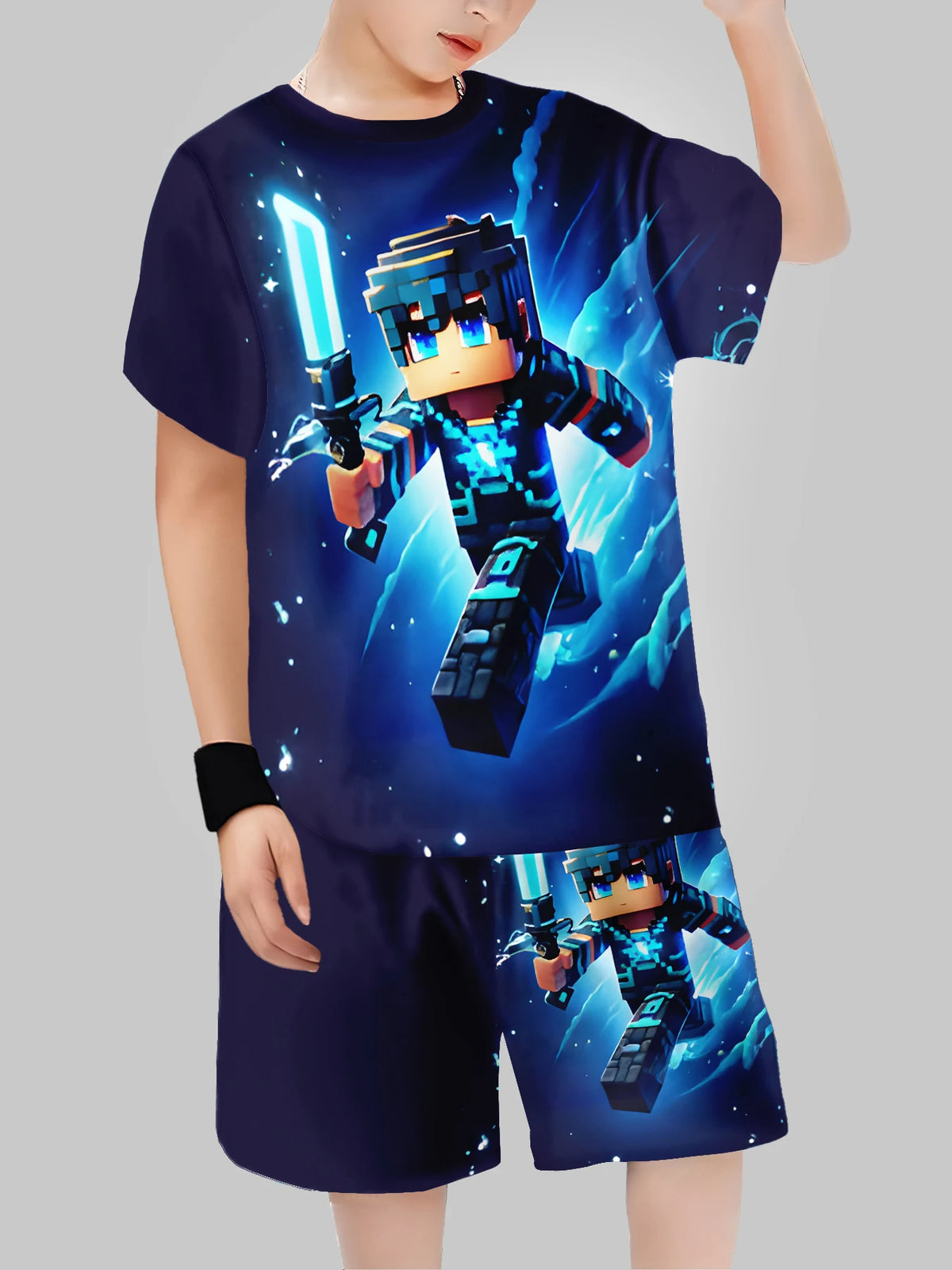 Block Man Digital Printing Casual Short + T-shirt Boys