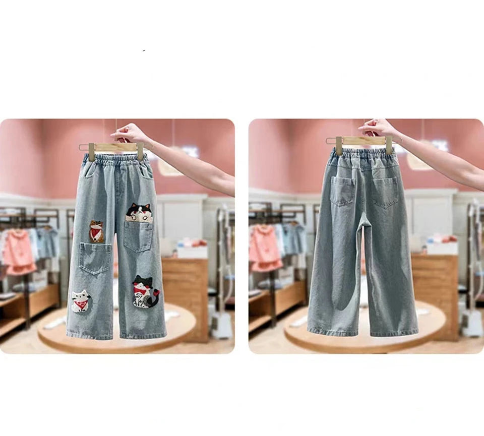 Girls Cat Embroidery Jeans