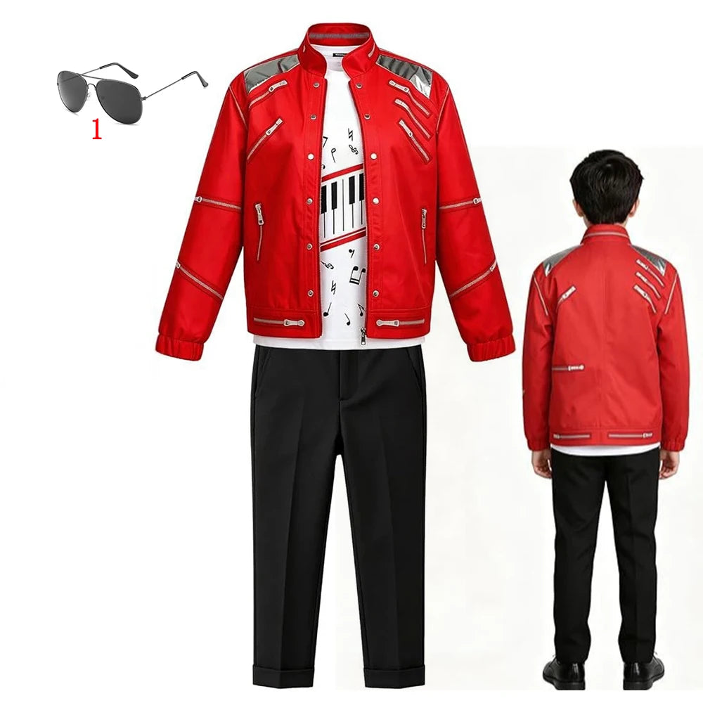 Kids Cosplay Dance Star Costume Set Red Printed 80s 90s Stage Party Outfit