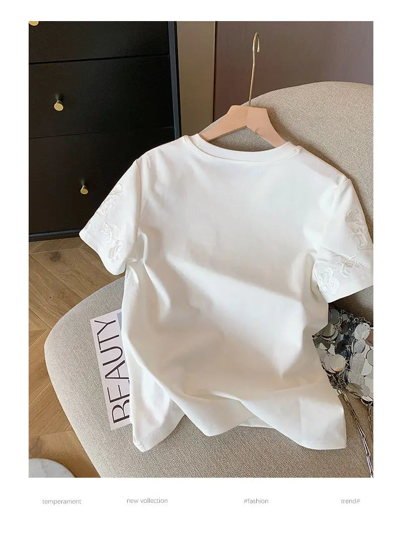 Women Clothing Summer Fashion Vintage Embroidery White Cotton Basic T Shirt Female Simple Casual O Neck Short Sleeve Loose Tops