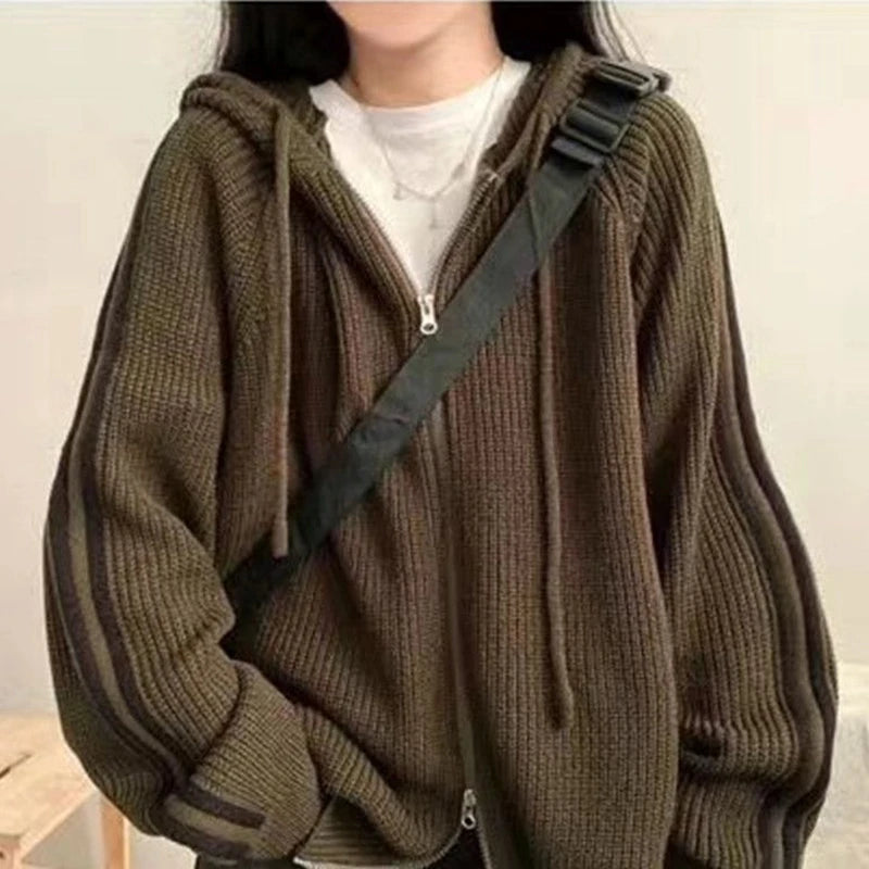 Double Zipper Knitted Cardigans Women Autumn Winter Thicken Warm Hooded Sweater
