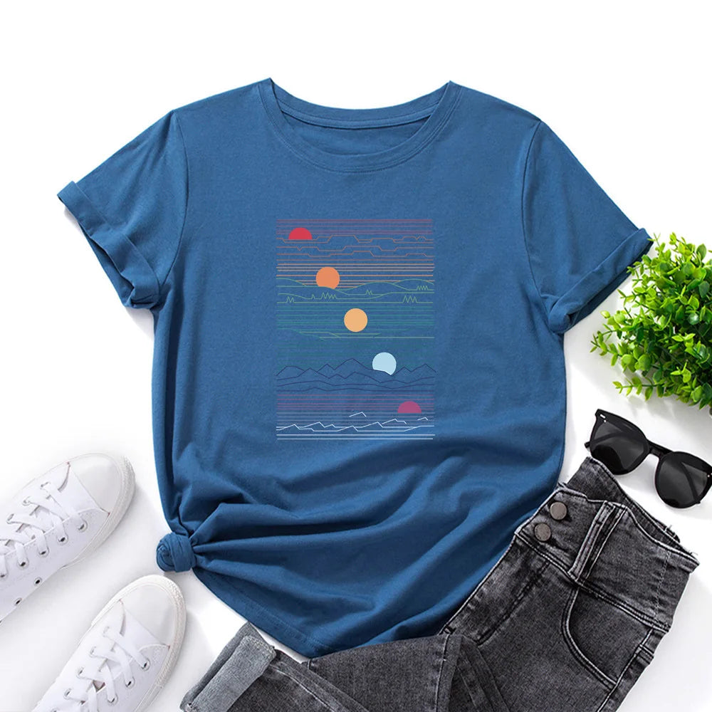 100% Cotton Summer T-Shirt Woman Loose Shirts Fashion Sunrise Print