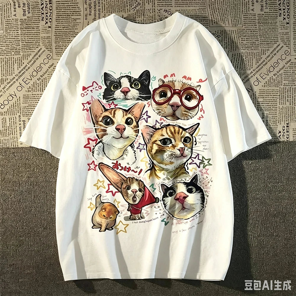 Vintage Funny Cat Graphic T‑Shirt  Women Retro Cartoon Kitten Print Crew Neck Short Sleeve Oversized