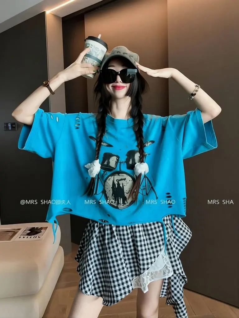 Vintage Ripped Short Sleeve T-shirts Women Casual Summer Graphic Tee Oversized