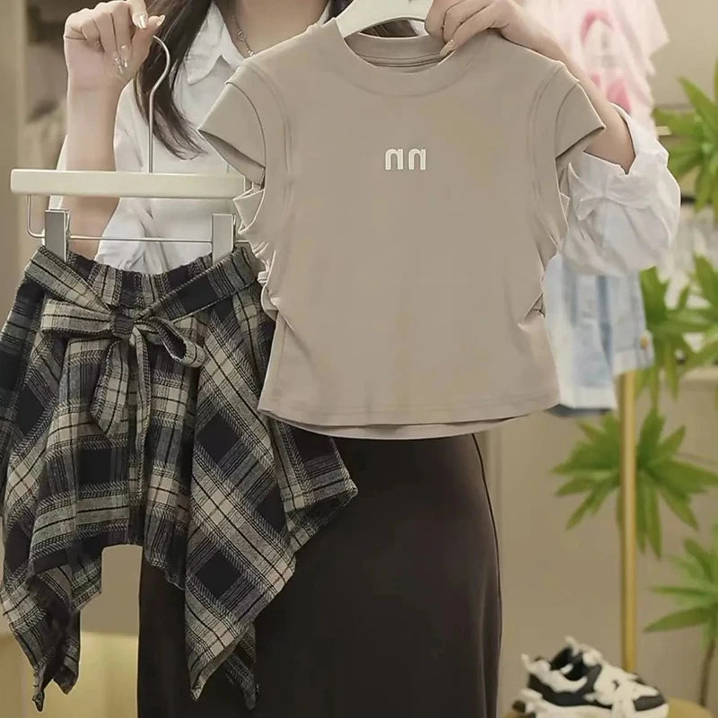 T-shirt+Plaid Irregular Skirt 2Pcs