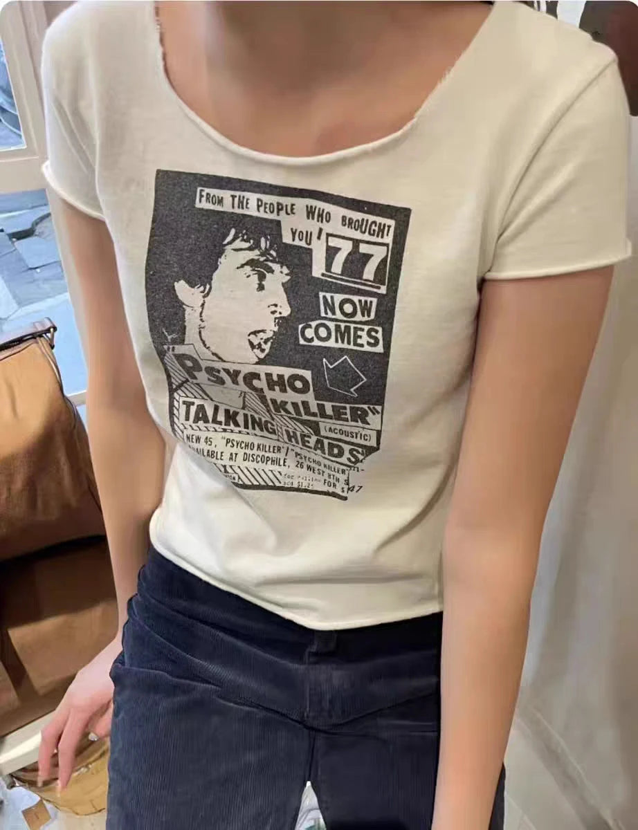 Vintage T Shirt Women Casual Summer White Round Neck Short