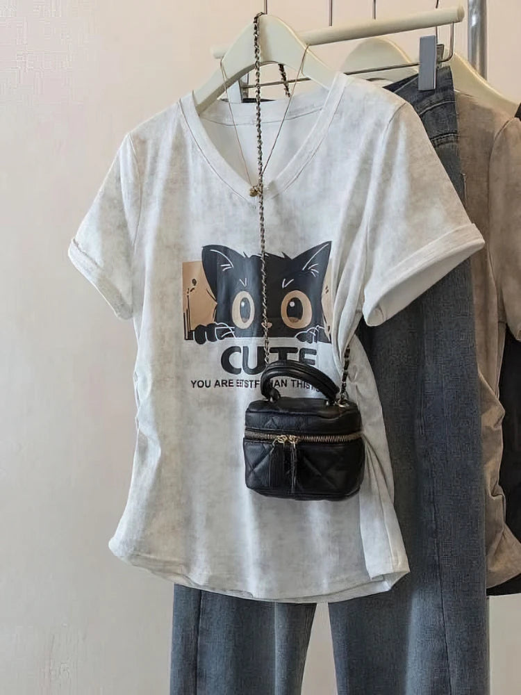 100% Cotton Washed Vintage Cat Print Short Sleeve T Shirt Women V Neck Oversize