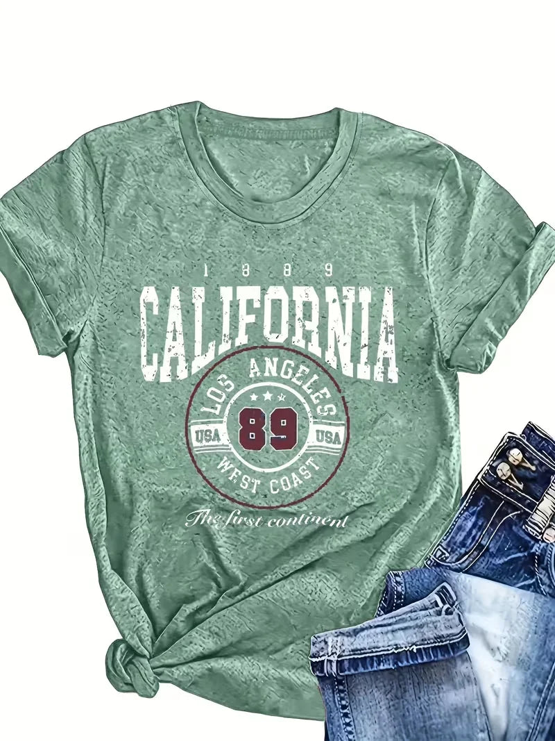 Crew Neck Short Sleeve Retro American Style California Los Angeles 89 Letter Print T Shirt Women's Outfits Casual Streetwear
