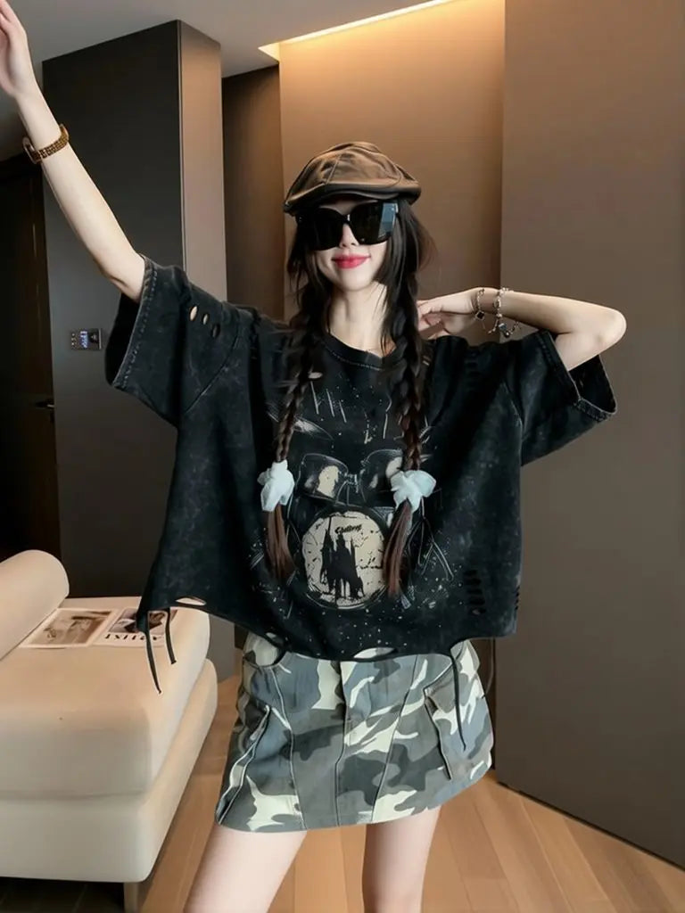 Vintage Ripped Short Sleeve T-shirts Women Casual Summer Graphic Tee Oversized