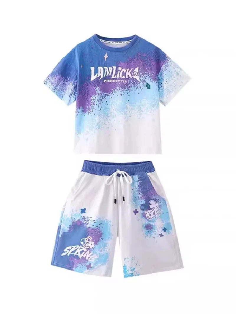 Tops+Shorts 2 Pcs Big Kids Casual Suits Children Print Outfits