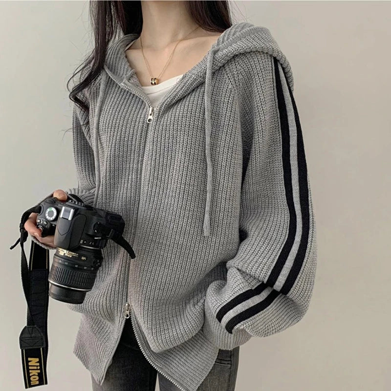 Double Zipper Knitted Cardigans Women Autumn Winter Thicken Warm Hooded Sweater