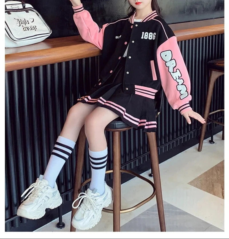 2 pcs Spring Autumn Kids Baseball Sports Suit Children Jacket Pleated Skirt