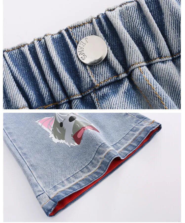 Girls' Cartoon Print Jeans Autumn Teenage Children's Fashion Wide Leg Denim Pants Kids Spring Outwear