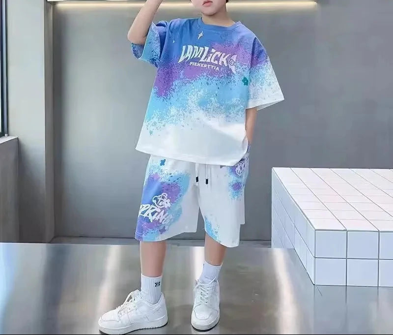 Tops+Shorts 2 Pcs Big Kids Casual Suits Children Print Outfits
