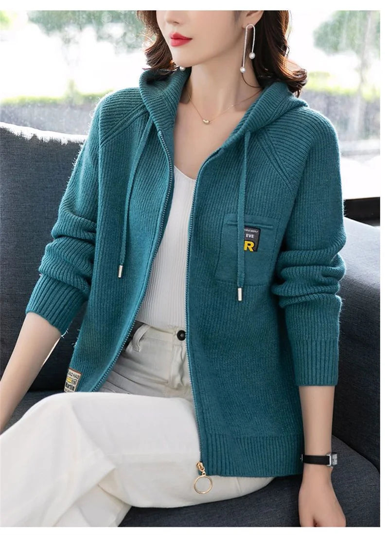 Fall/Winter New Knitted Cardigan Coat Women Hooded  Jacket Fashion