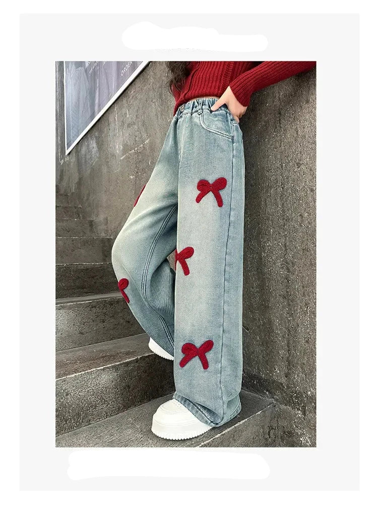 Girls Loose Wide-leg Jeans Soft Trousers Children Bowknot Embroidery Straight Denim Pants Spring Autumn Clothing 5-12 Years