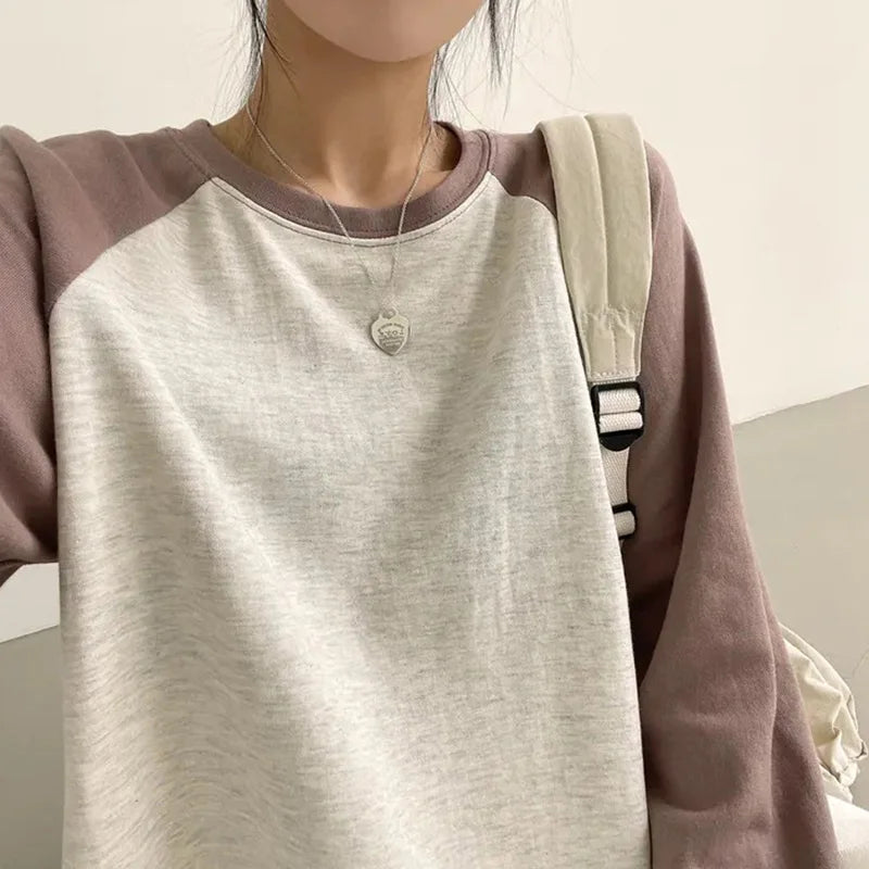 Women Spring Cotton Version Patchwork Tops Long Sleeve Sweet Loose Korean Style Leisure All-match Students