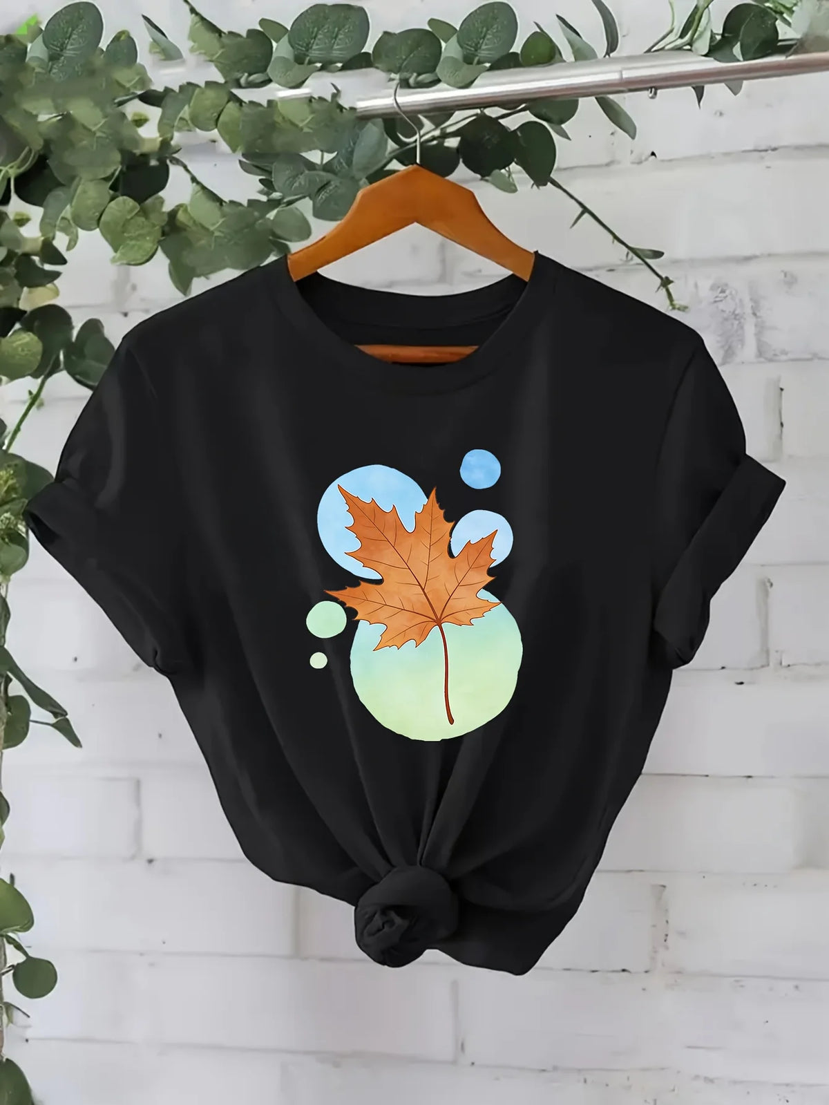 T-Shirt Casual Trendy Leaf and Flower Design Print Crew Neck Tops Graphic Vintage