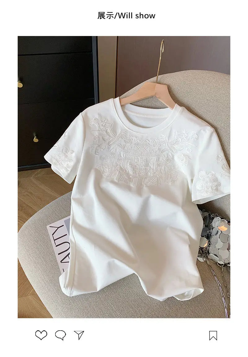 Women Clothing Summer Fashion Vintage Embroidery White Cotton Basic T Shirt Female Simple Casual O Neck Short Sleeve Loose Tops