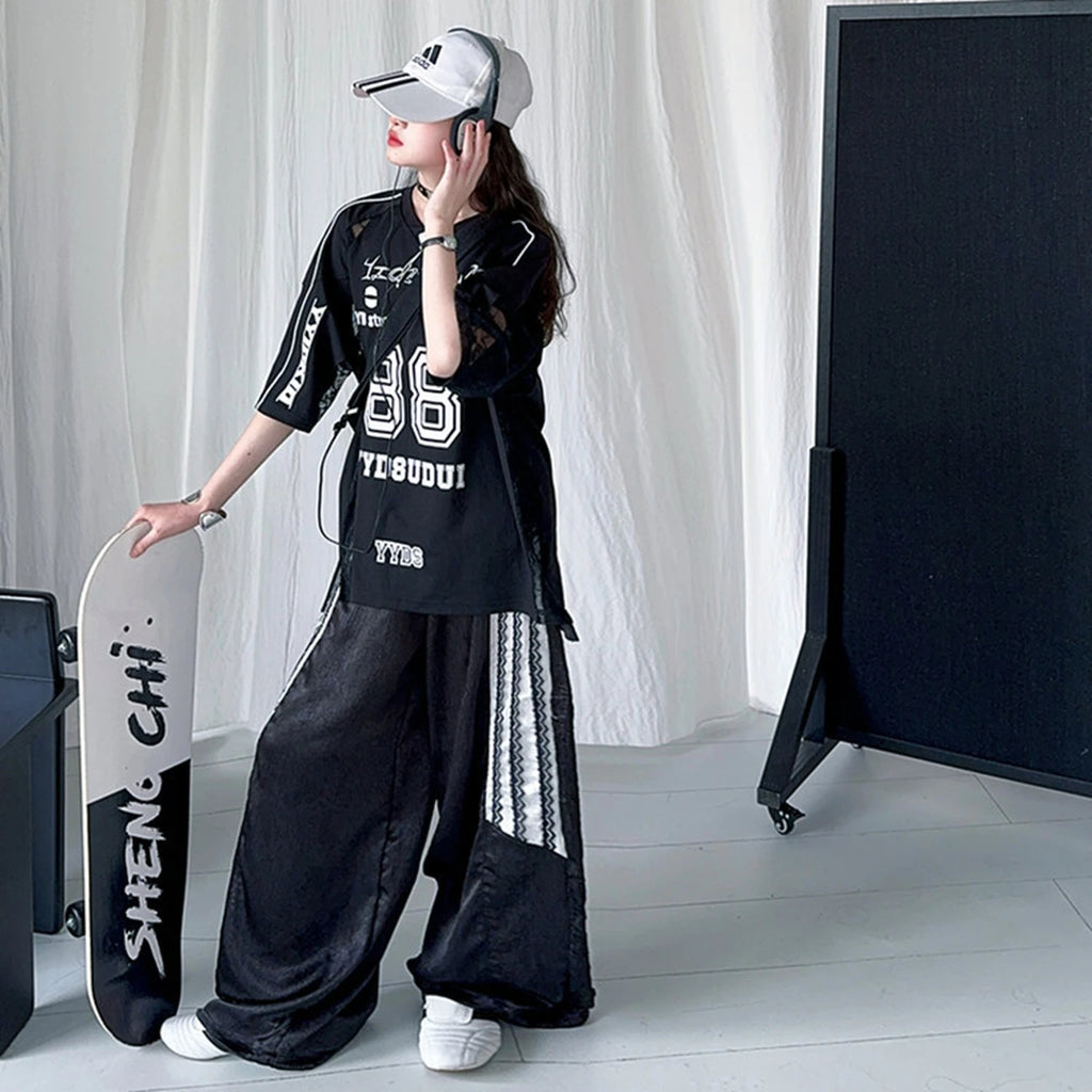 Girls Summer Lace Splicing T-Shirt with Cool Digital Print Short Sleeve Loose Casual Trousers