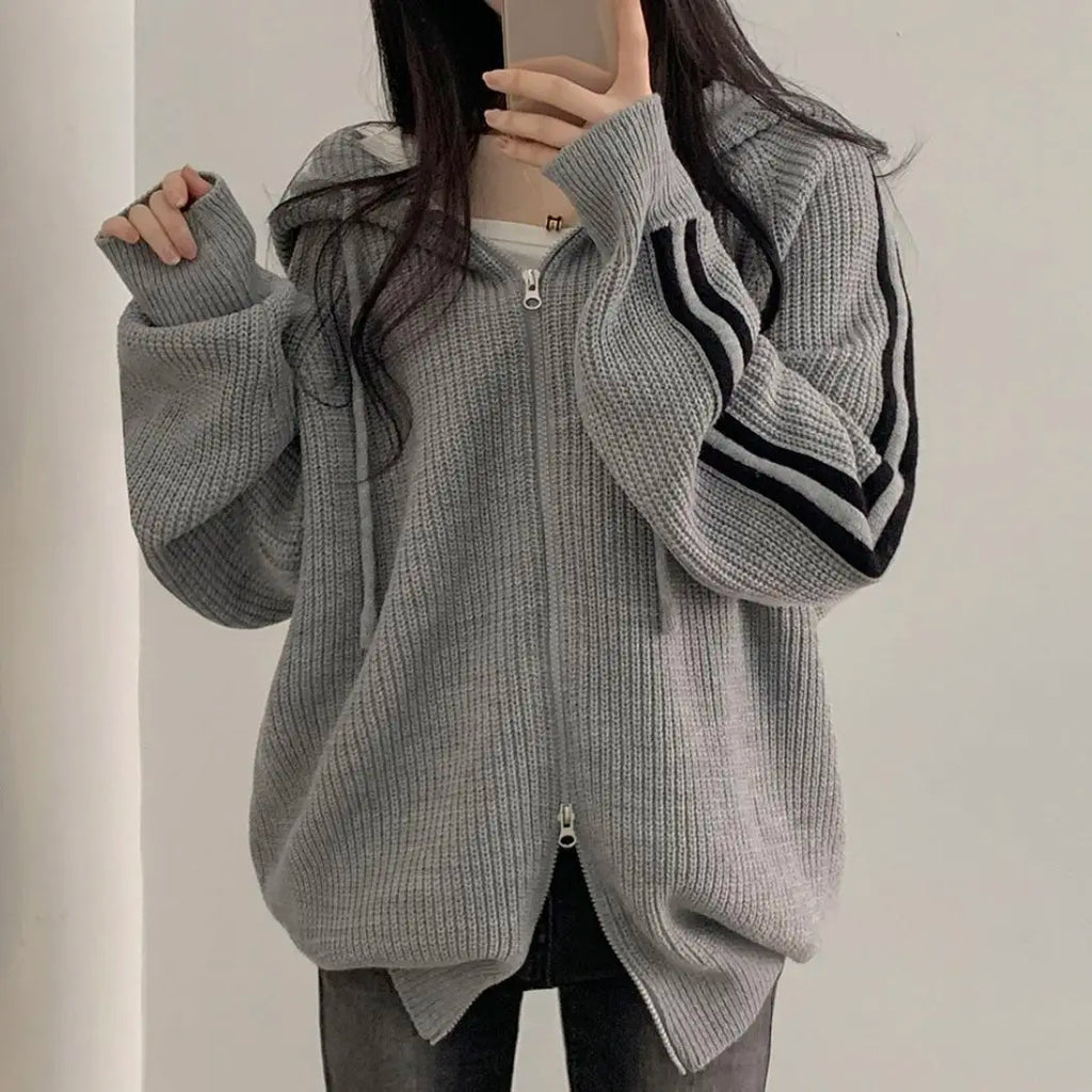Double Zipper Knitted Cardigans Women Autumn Winter Thicken Warm Hooded Sweater
