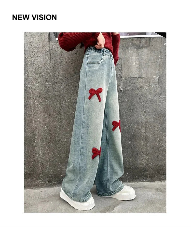 Girls Loose Wide-leg Jeans Soft Trousers Children Bowknot Embroidery Straight Denim Pants Spring Autumn Clothing 5-12 Years