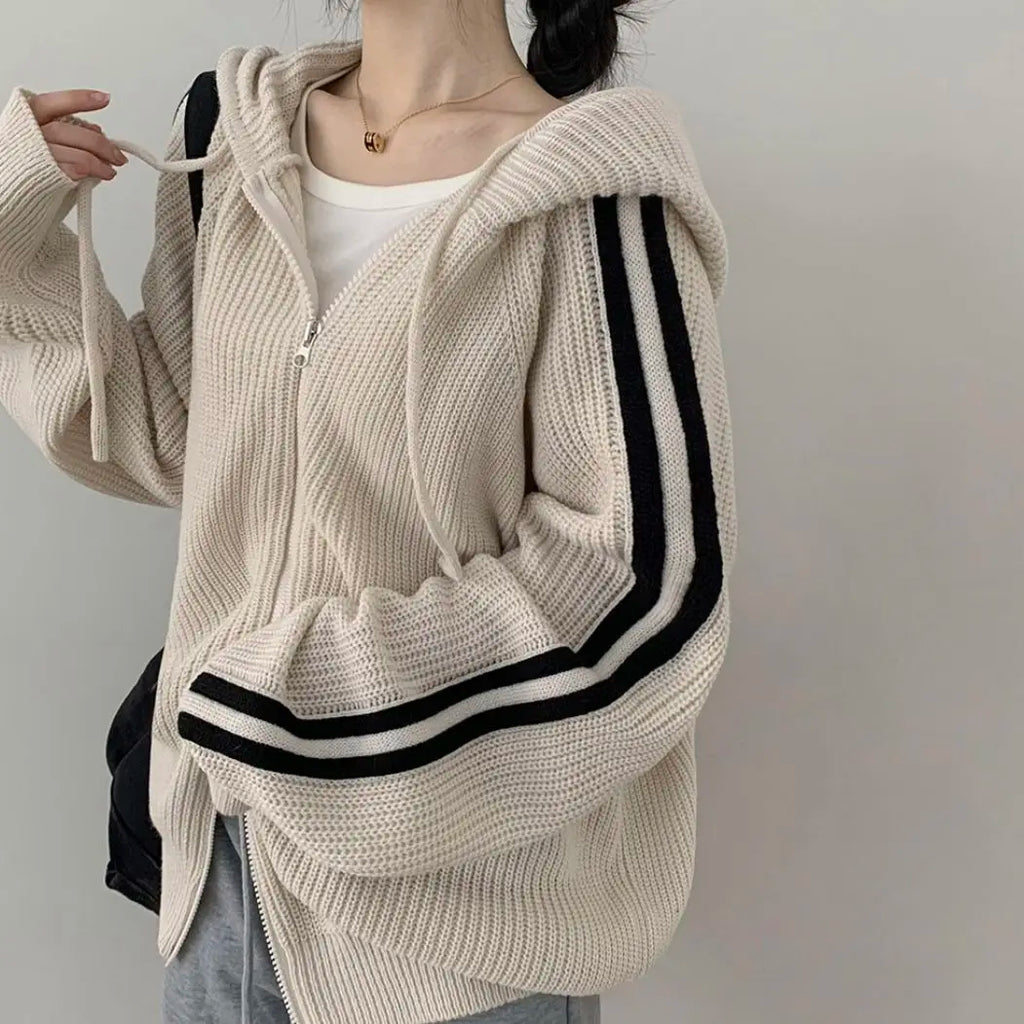 Double Zipper Knitted Cardigans Women Autumn Winter Thicken Warm Hooded Sweater