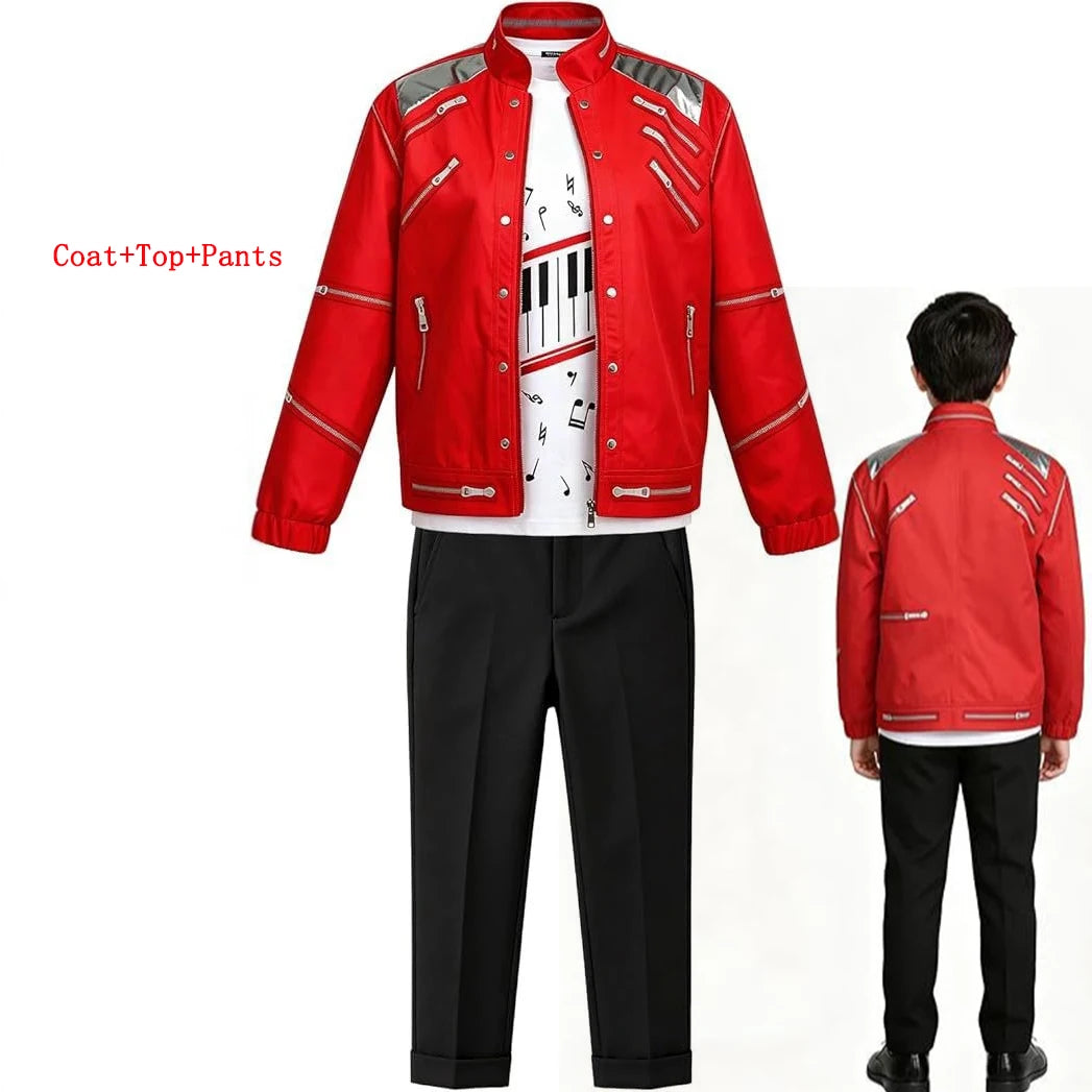 Kids Cosplay Dance Star Costume Set Red Printed 80s 90s Stage Party Outfit