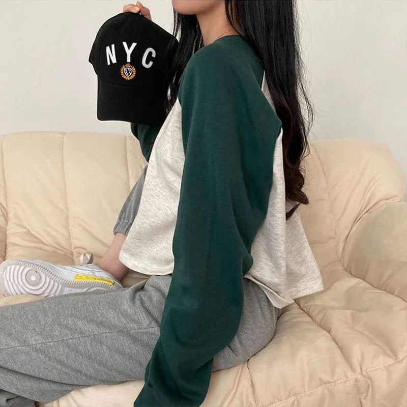 Women Spring Cotton Version Patchwork Tops Long Sleeve Sweet Loose Korean Style Leisure All-match Students