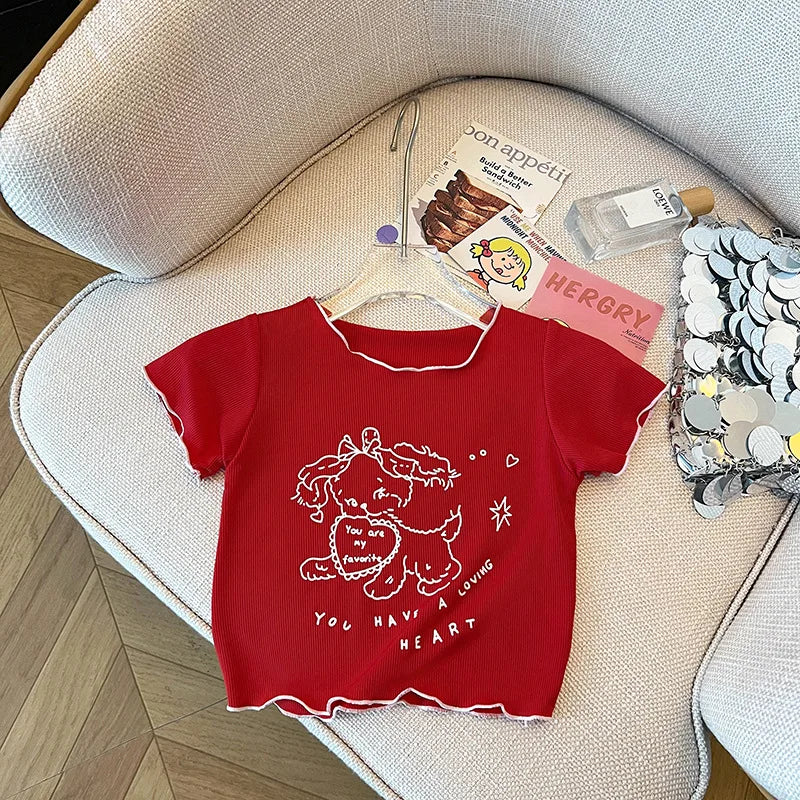 Girls Cartoon Print Ruffle Trim T-Shirt