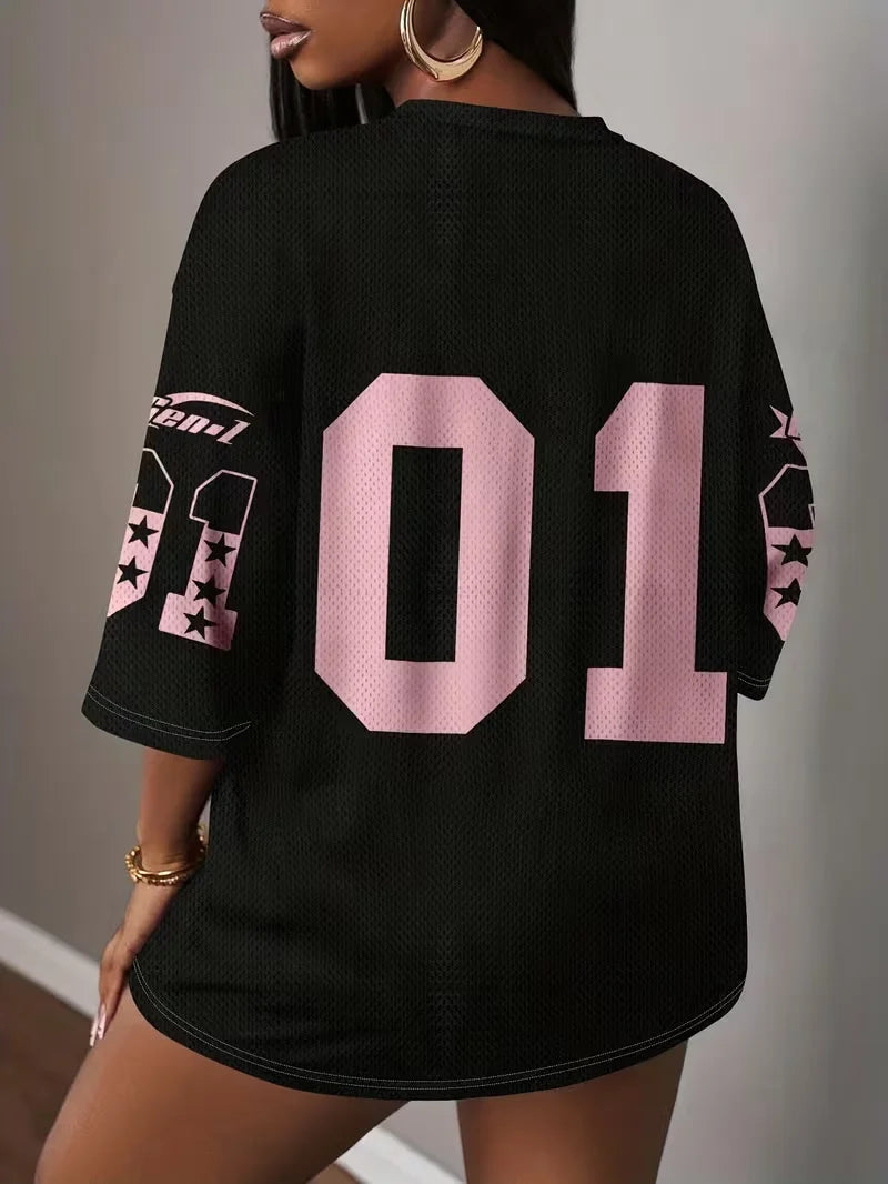 T-shirt Number 01 Print Breathable Fabric Loose Summer Season Tops