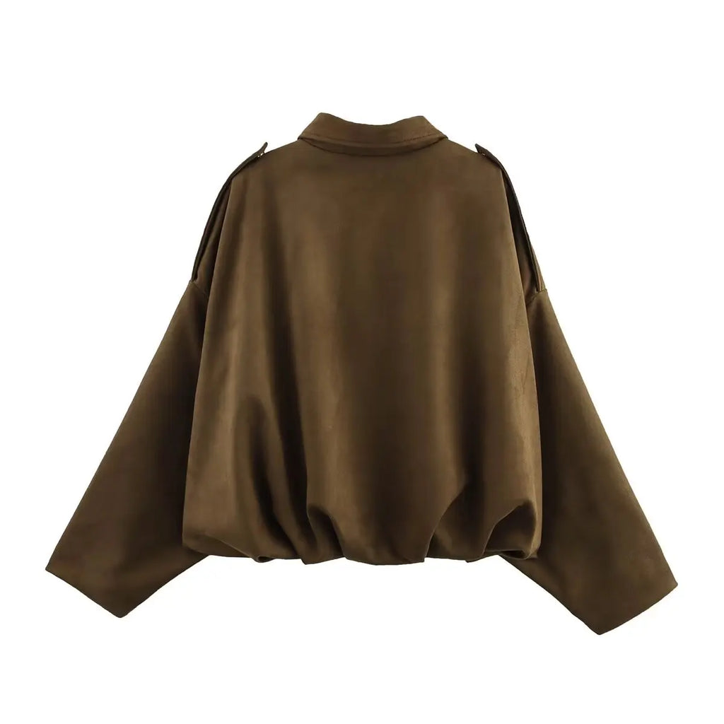 Women Suede Textured Jacket Long Sleeve Lapel Collar Loose Coats Casual Female Outerwear Chic Tops
