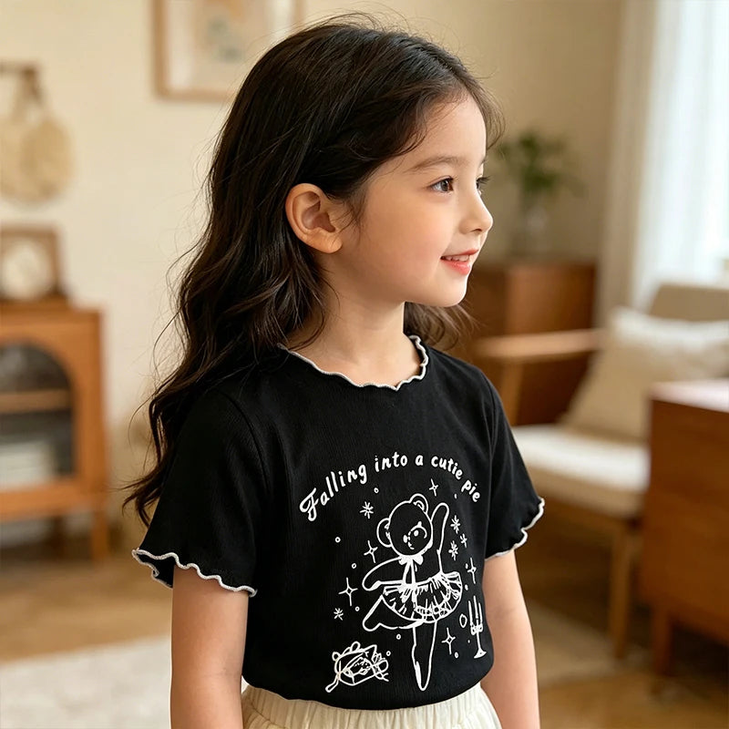 Girls Cartoon Print Ruffle Trim T-Shirt